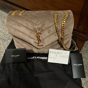 NWT Saint Laurent Small Loulou YSL Monogram Quilted Taupe Suede Convertible Bag